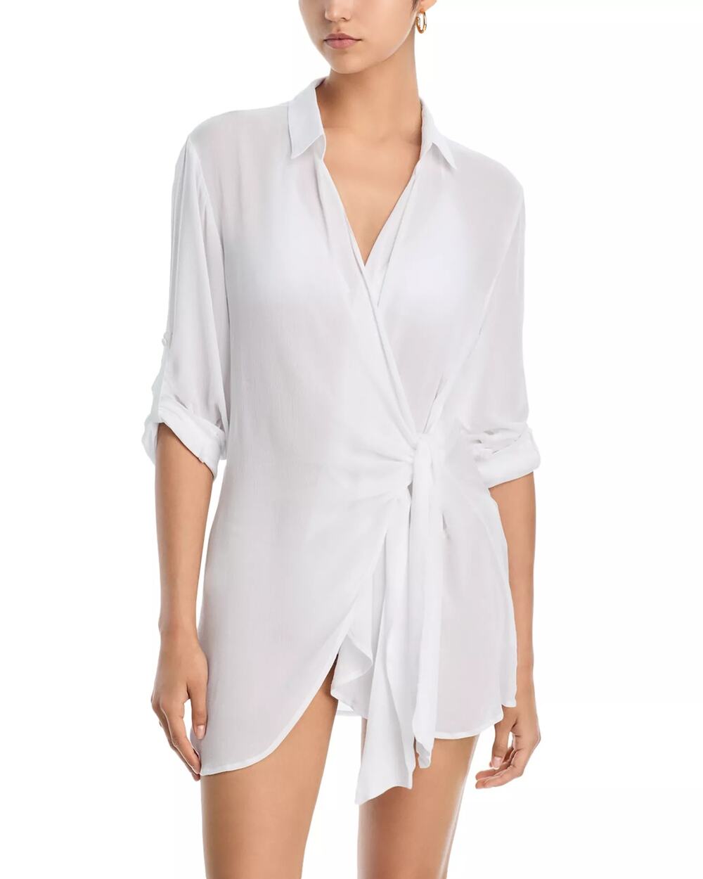 AQUA Women White Rayon Crinkle Beach Swim Cover-Up Wrap Waist Tie Shirt Size L